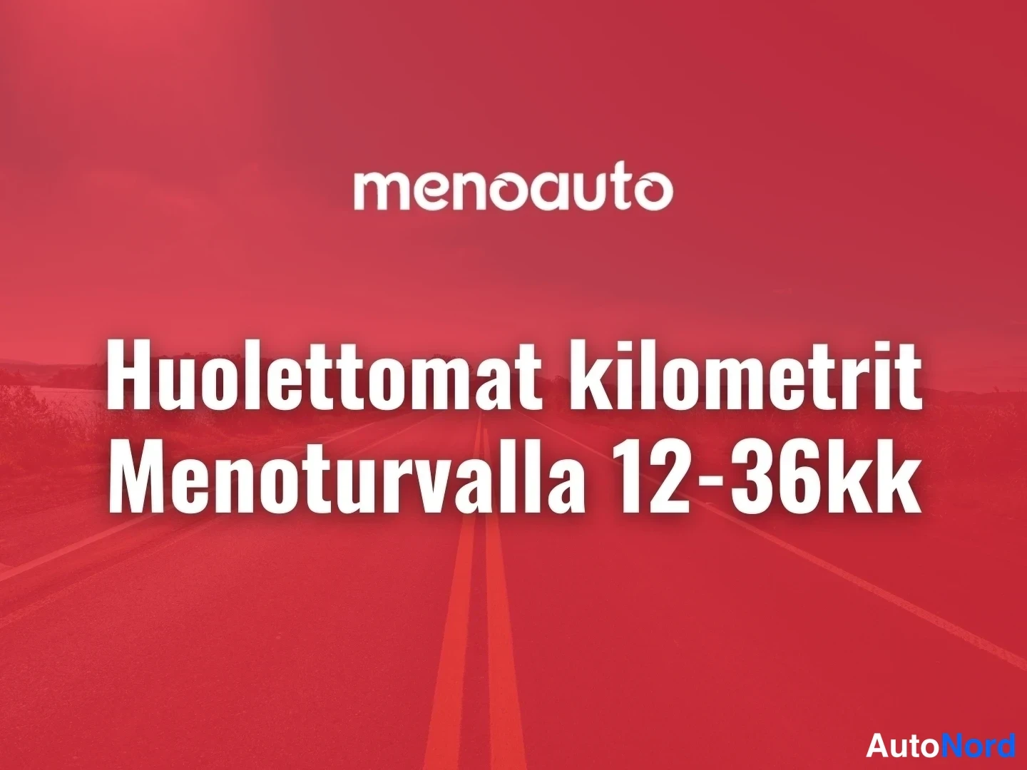 Muu: Markkinointikuvitus punainen tie ja menoauto-logo, teksti 'Huolettomat kilometrit Menoturvalla 12-36kk'.