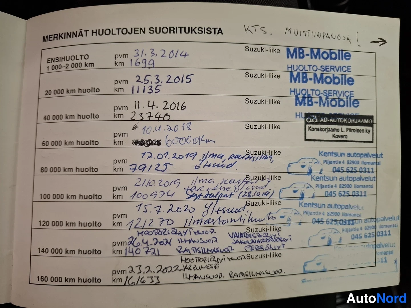 Yksityiskohta: Huoltokirjan sivu otsikolla MERKINNÄT HUOLTOJEN SUORITUKSISTA, käsinkirjoitetut huoltoympyrät ja jälleenmyyjien leimat.