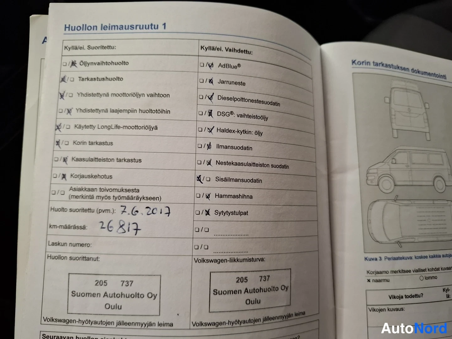 Asiakirja: Huoltokirjan leimausruutu 1, huolto 7.6.2017, 26 817 km