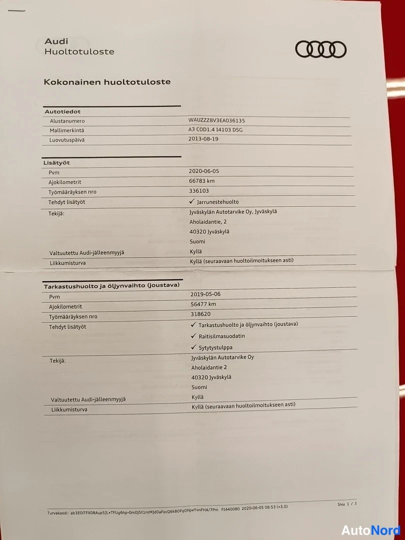 Asiakirja: Audi Huoltotuloste -asiakirja: kokonainen huoltotuloste, malli A3 COU 1.4 T4103 DSG, huolto 2020-06-05 ajokilometreillä 66783 km.