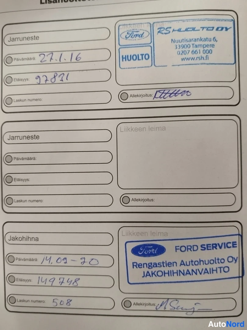 Asiakirja: Huoltokirjan lisätöiden sivu: jarrunesteen vaihto 27.1.16 (97831 km) RS-Huolto Oy:llä ja jakohihnan vaihto 14.02.20 (149748 km) Ford Servicen Rengastien Autohuo