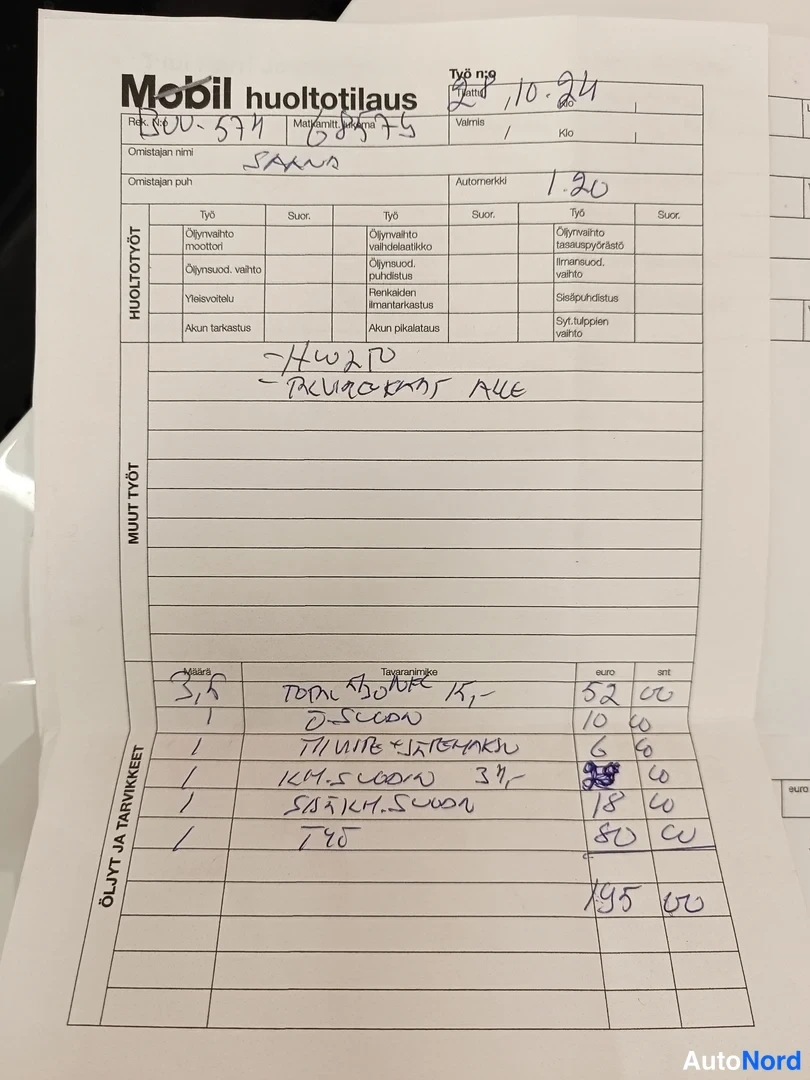 Sivulta: Another handwritten service order (Möbil huoltotilaus), work number 2.10.24, customer Saxmo, vehicle model i20; below tyre parts and labour rows totalling 195.0