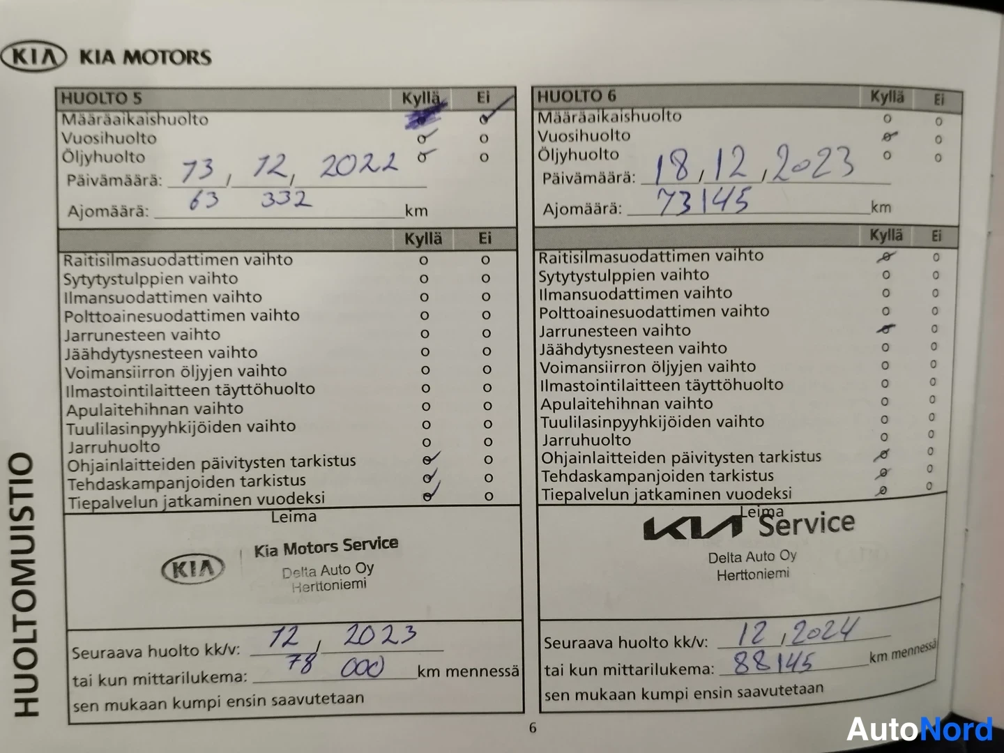 Muu: Kia-huoltokirjan sivu huolloista 5 ja 6, päivämäärät 13.12.2022 ja 18.12.2023, ajomäärät 63 332 km ja 73 145 km