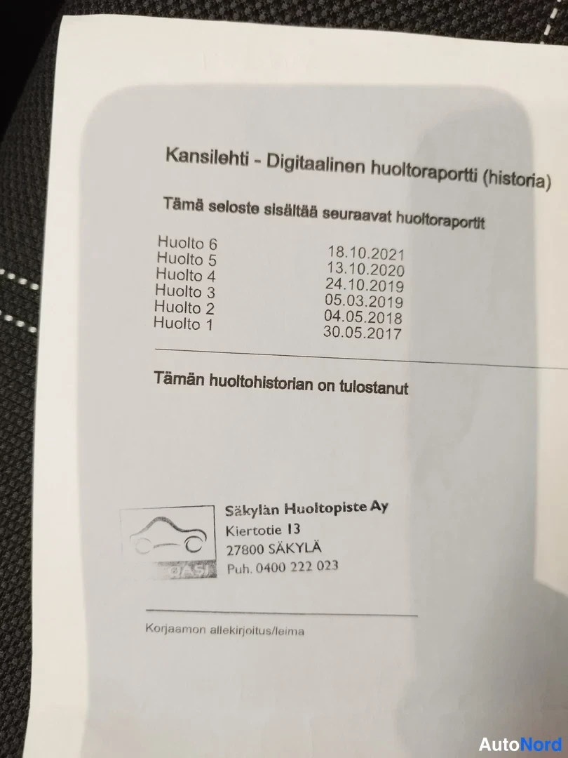 Yksityiskohta: Digitaalisen huoltoraportin kansilehti, jossa huoltojen 1–6 päivämäärät 2017–2021 ja leiman Säksylän Huoltopiste Ay.