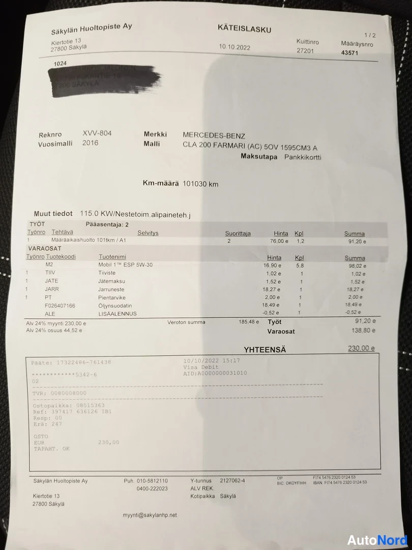 Yksityiskohta: Säksylän Huoltopiste Ay:n käteislasku Mercedes-Benz CLA 200 Farmarille, mittarilukema 101030 km, summa 230,00 €, päivätty 10.10.2022.