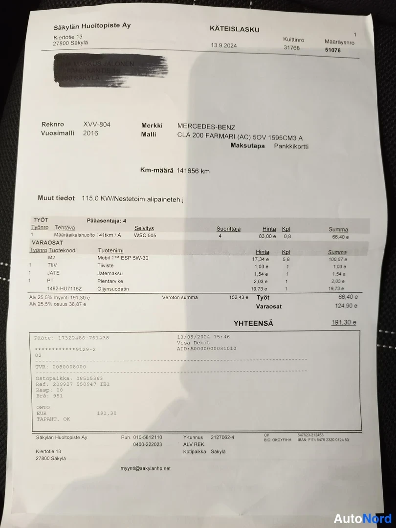 Asiakirja: Käteislasku Säkyän Huoltopiste Ay 13.9.2024 Mercedes-Benz CLA 200, km 141656, yhteensä 181,30 euroa.