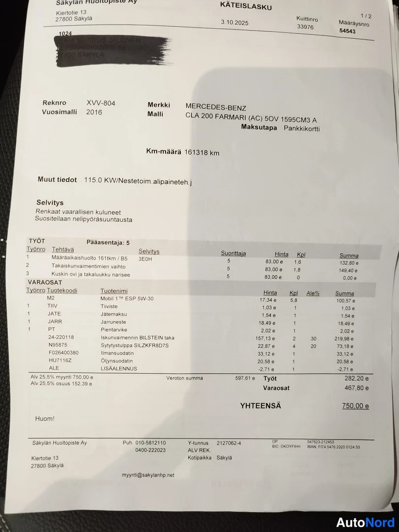 Asiakirja: Käteislasku Säkyän Huoltopiste Ay 3.10.2025 Mercedes-Benz CLA 200, km 161318, yhteensä 750,00 euroa, varaosina mm. Bilstein-jarruosia.