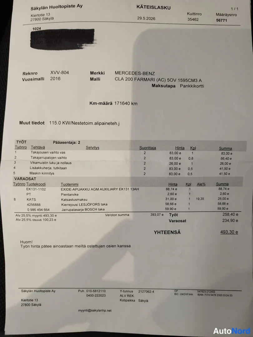Asiakirja: Käteislasku Säkyän Huoltopiste Ay 29.5.2026 Mercedes-Benz CLA 200, km 171640, yhteensä 493,30 euroa, varaosina mm. Exide AGM-akkum.