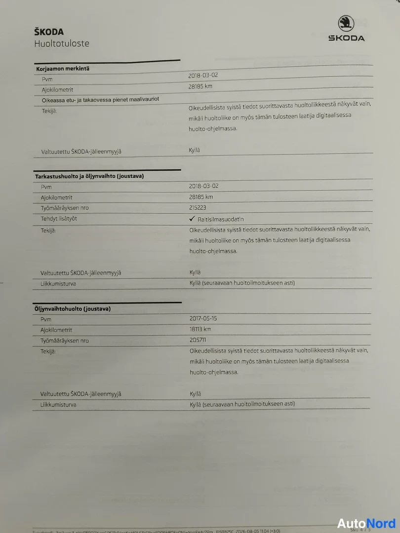 Asiakirja: Škoda-huoltotuloste, jossa huollot vuosilta 2017–2018, korjaamon merkintä 28185 km:llä ja öljynvaihto 19313 km:llä.