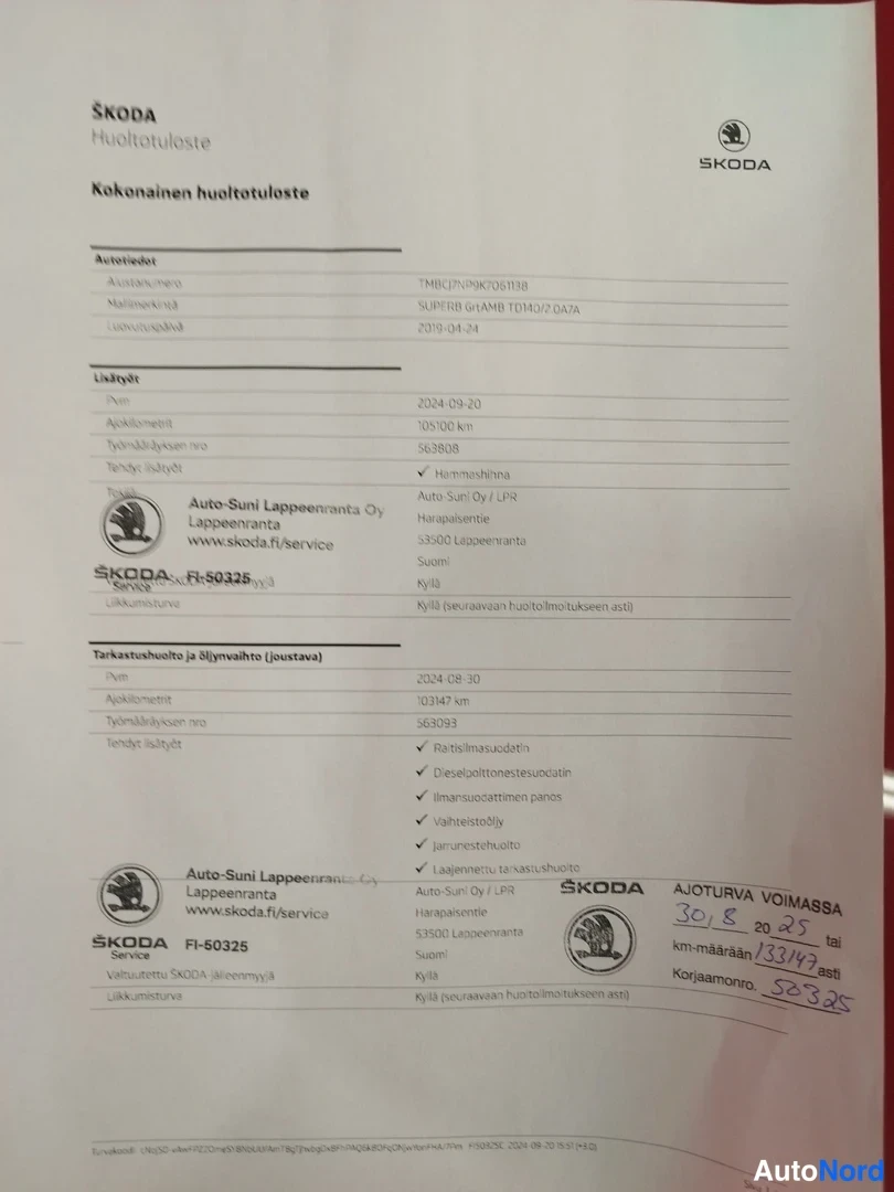 Yksityiskohta: Skodan kokonainen huoltotodistus: ajoneuvonumero TMBJCNPUK0K0R3B, mallimerkintä SUPERB GRAM8 TB40B2 DA7A; lisätyt pvm 2024-09-20, ajokilometrit 105100 km, työnä