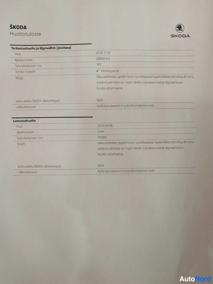 Yksityiskohta: Skoda-huoltotuloste: tarkastushuolto 11/2019, 29992 km, 1611; luovutushuolto 4/2019, 0 km