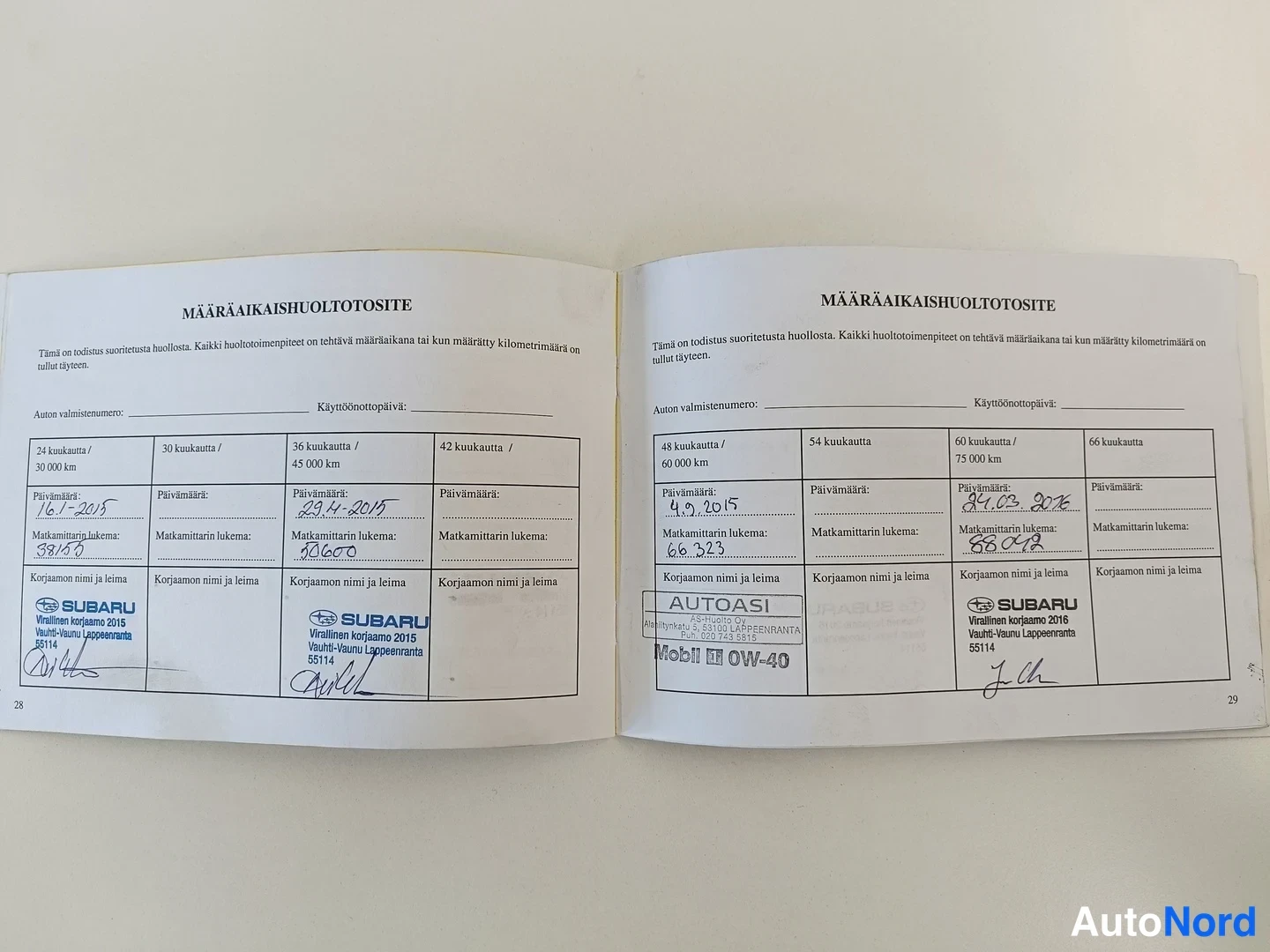 Asiakirja: Auki avattu huoltokirja, sivuilla 28 ja 29 määraikaishuoltotosite merkinnät vuosilta 2015 ja 2016.