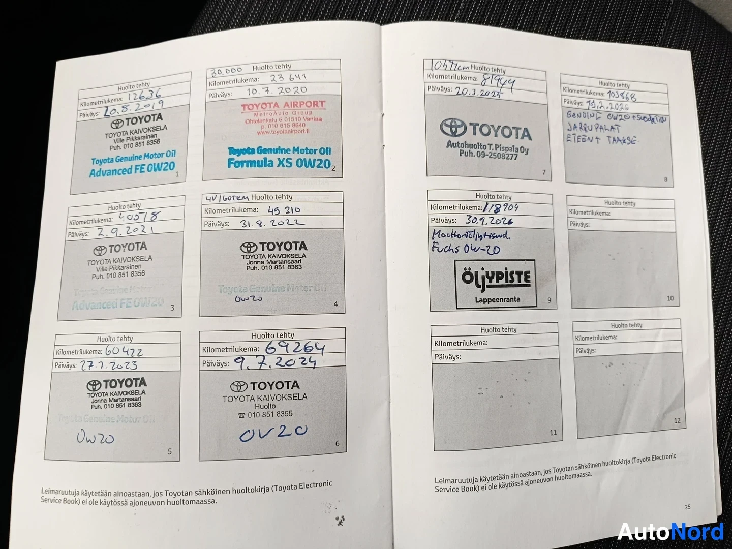 Muu: Toyotan huoltokirjan aukeama täytetyillä huoltomerkinnoilla, huoltokilometrit 12 636 – 104 726 km