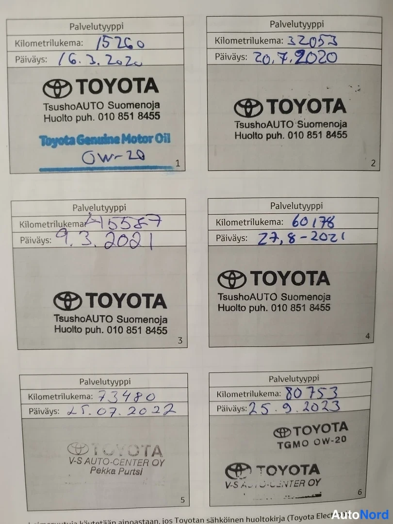 Takaa: Huoltokirjan sivu kuudella palvelutietueella Toyota-huolloista.