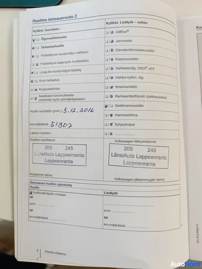 Yksityiskohta: Huollon leimausruutu 2: huolto suoritettu 5.12.2016, km-määrä 51907, LänsiAuto Lappeenranta.