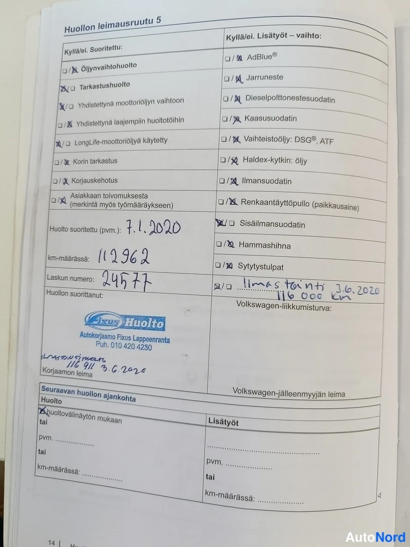Yksityiskohta: Huoltokirjan leimausrutu 5, huolto suoritettu 7.1.2020 ajokilometrimäärällä 112962.
