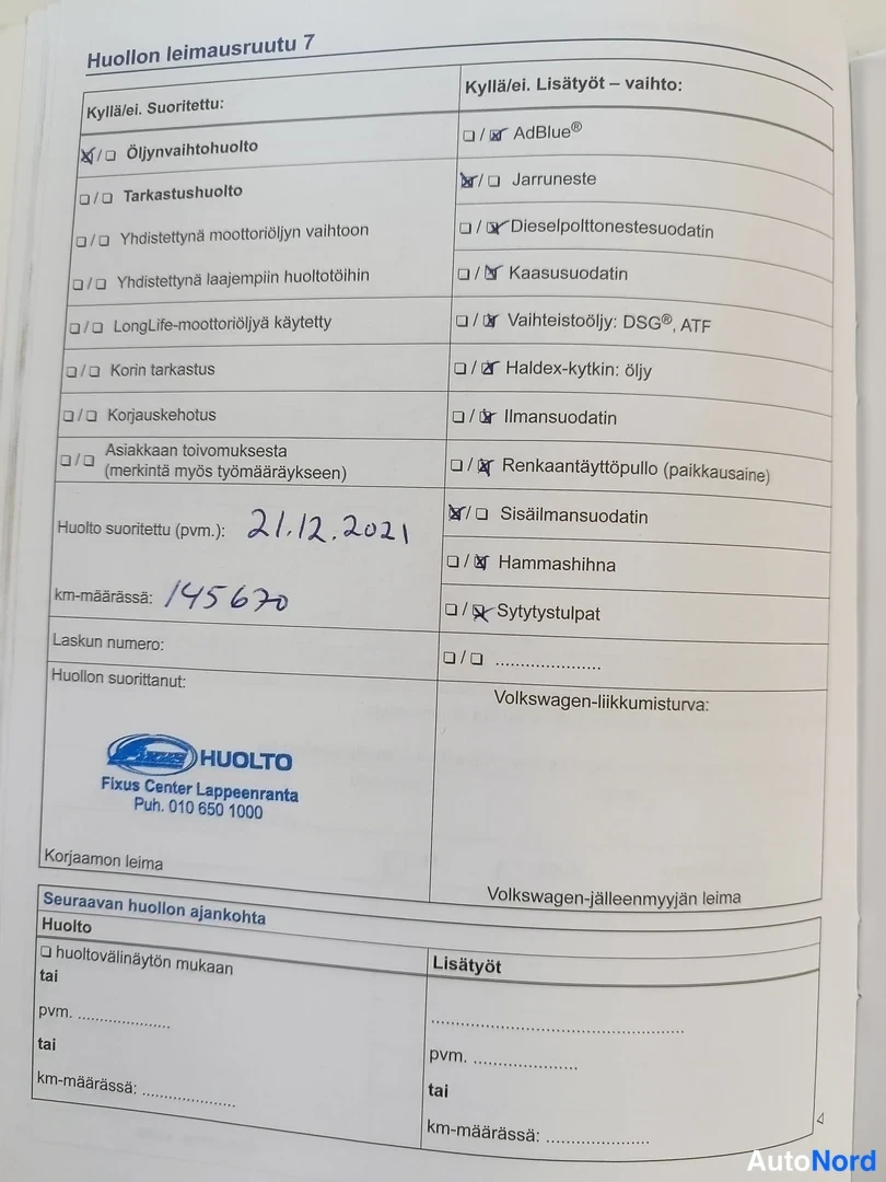 Yksityiskohta: Huoltokirjan leimausrutu 7, huolto suoritettu 21.12.2021 ajokilometrimäärällä 145670.