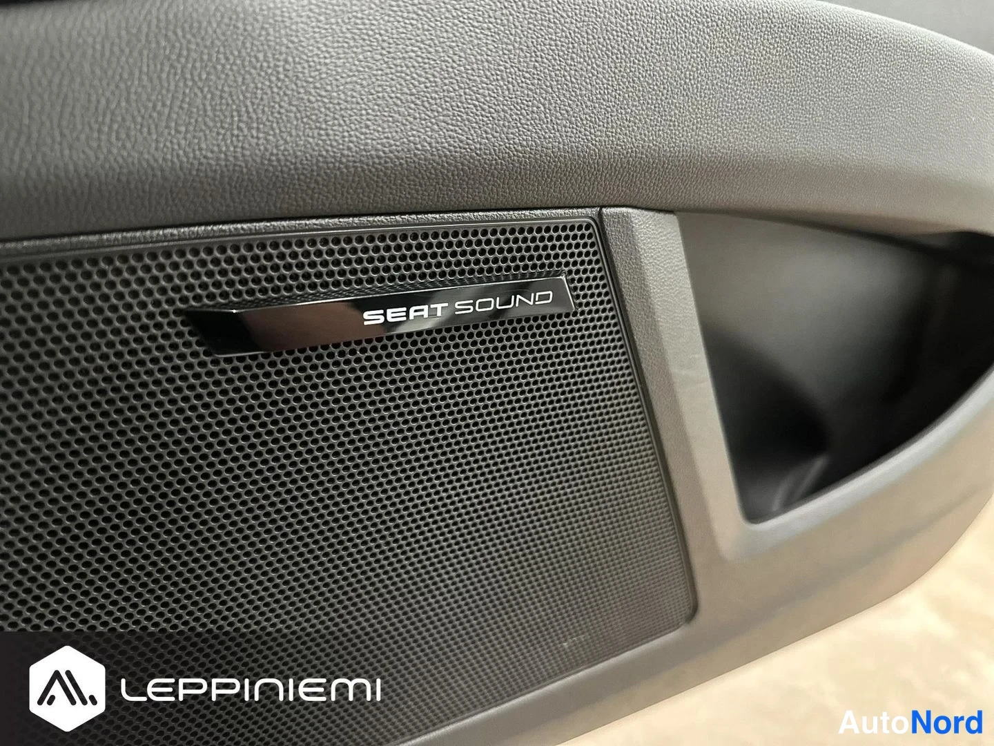 Yksityiskohta: Oven sisäpaneelin laatikkokaiutin, jossa kiiltävä SEAT SOUND -merkintä.