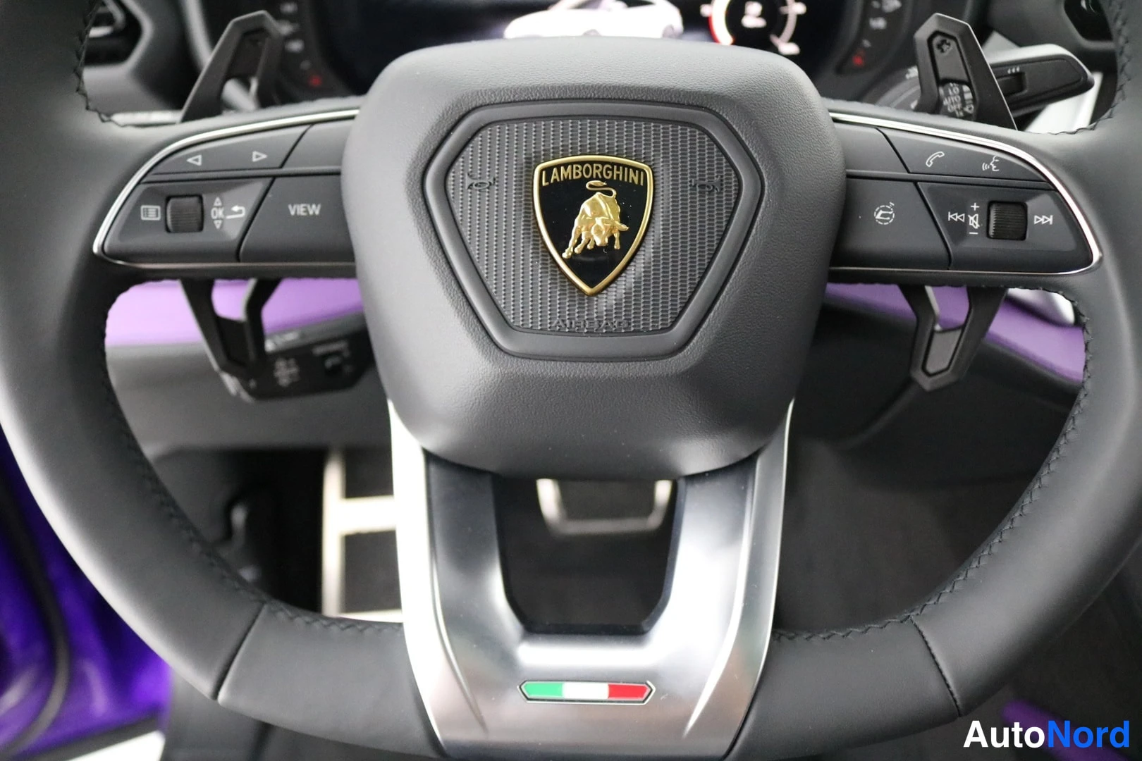 Muu: Tarkkakuva ohjauspyörästä: keskellä Lambo-logollinen Lambo-tunnus (Lamborghini-henkilöautojen). Vasemmalla napit ja VIEW, oikealla puhelin-, ääni- ja ratkaisuna
