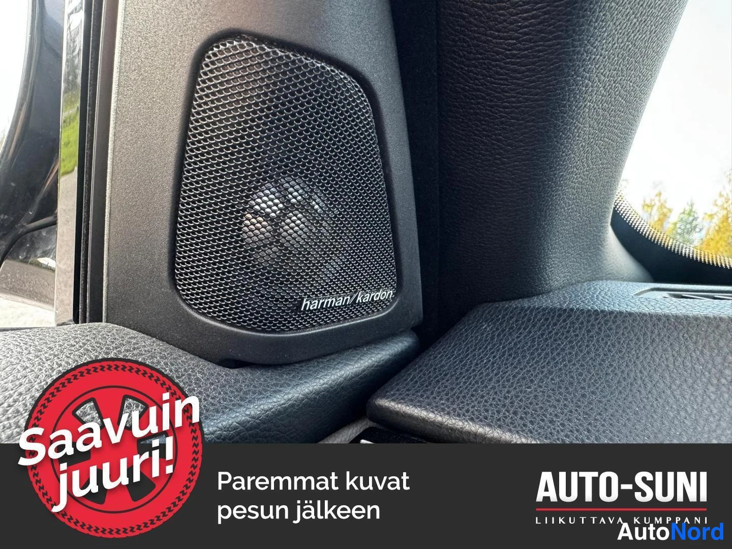 Muu: Lähikuva auton takapilarin kaiuttimesta, jossa on teksti 'harman/kardon'.