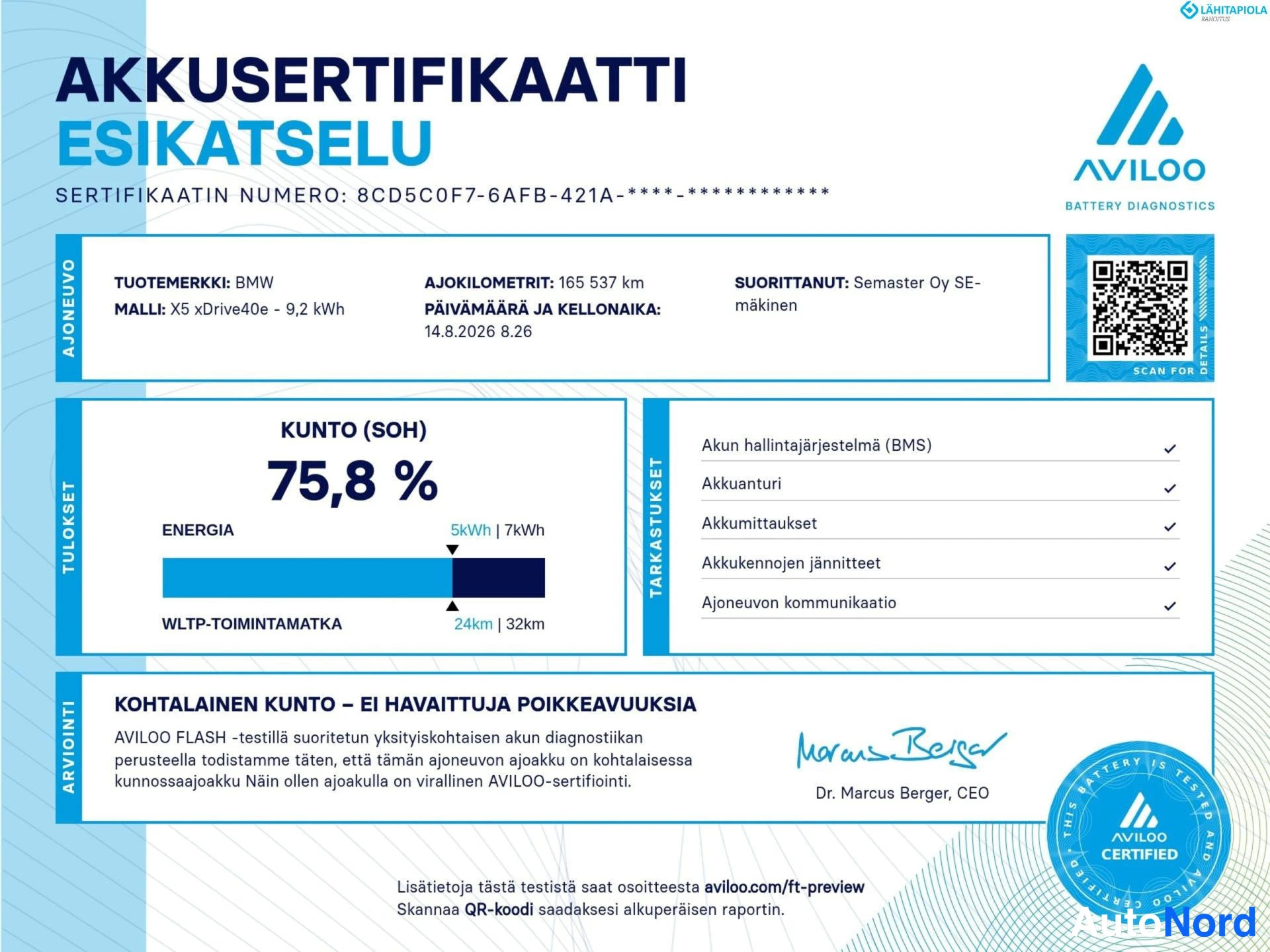 Asiakirja: Aviloo akkusertifikaatin esikatselu: BMW X5 xDrive40e, akun kunto (SOH) 75,8 %.