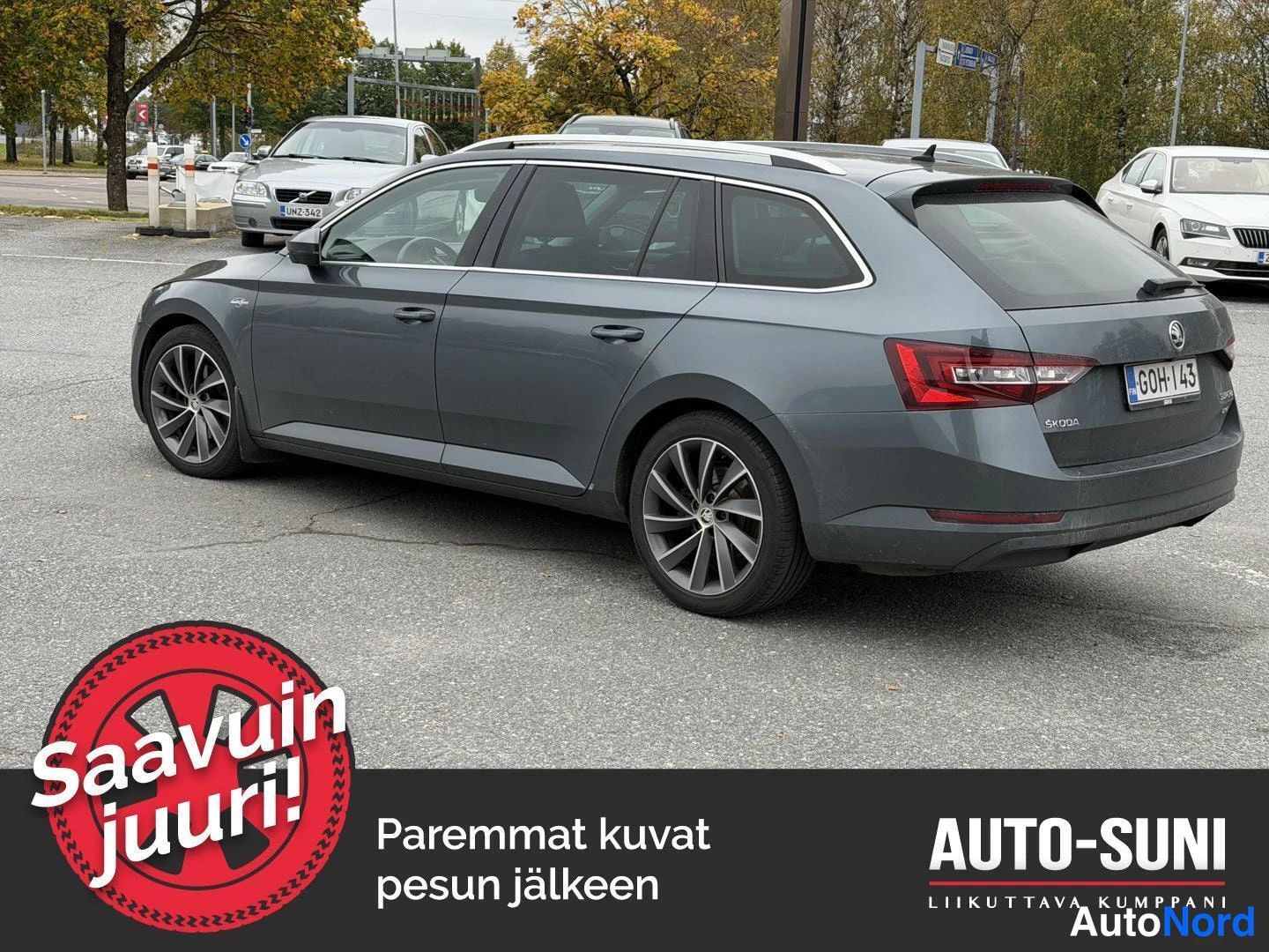 Takaviisto: Tummanharmaan farmariauton takakulma; rekisteri, takavalot ja Skoda-merkki näkyvissä.