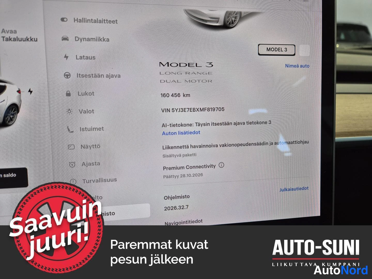 Muu: Tesla-näytön Asetukset-valikko: MODEL 3 LONG RANGE DUAL MOTOR, 160 456 km, VIN 5YJ3E7EBXMF819705