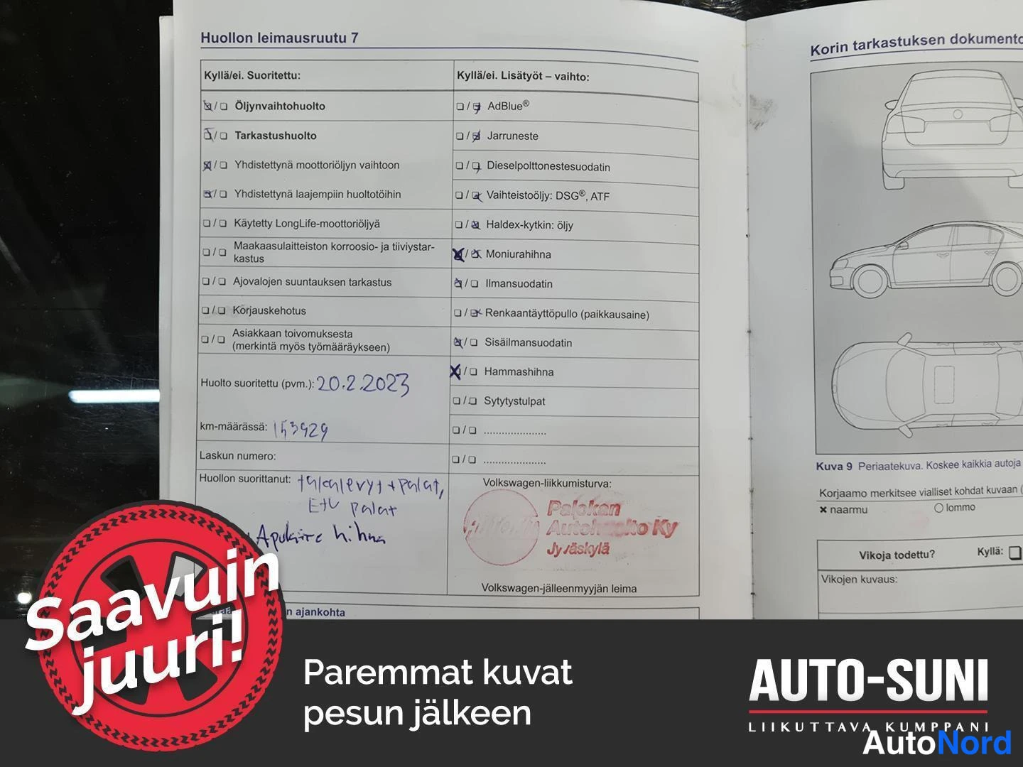 Asiakirja: Huoltokirjan leimaussivu, jossa huolto suoritettu 20.2.2023 ja km-määrä 143929, sekä Pahkalan Autokeskus Ky:n leima.