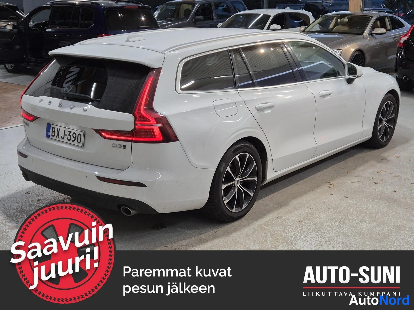 Takaviisto: Valkoinen farmariauto takakulmassa kuvattuna, perävaunu ja rekisterikilpi näkyvät.