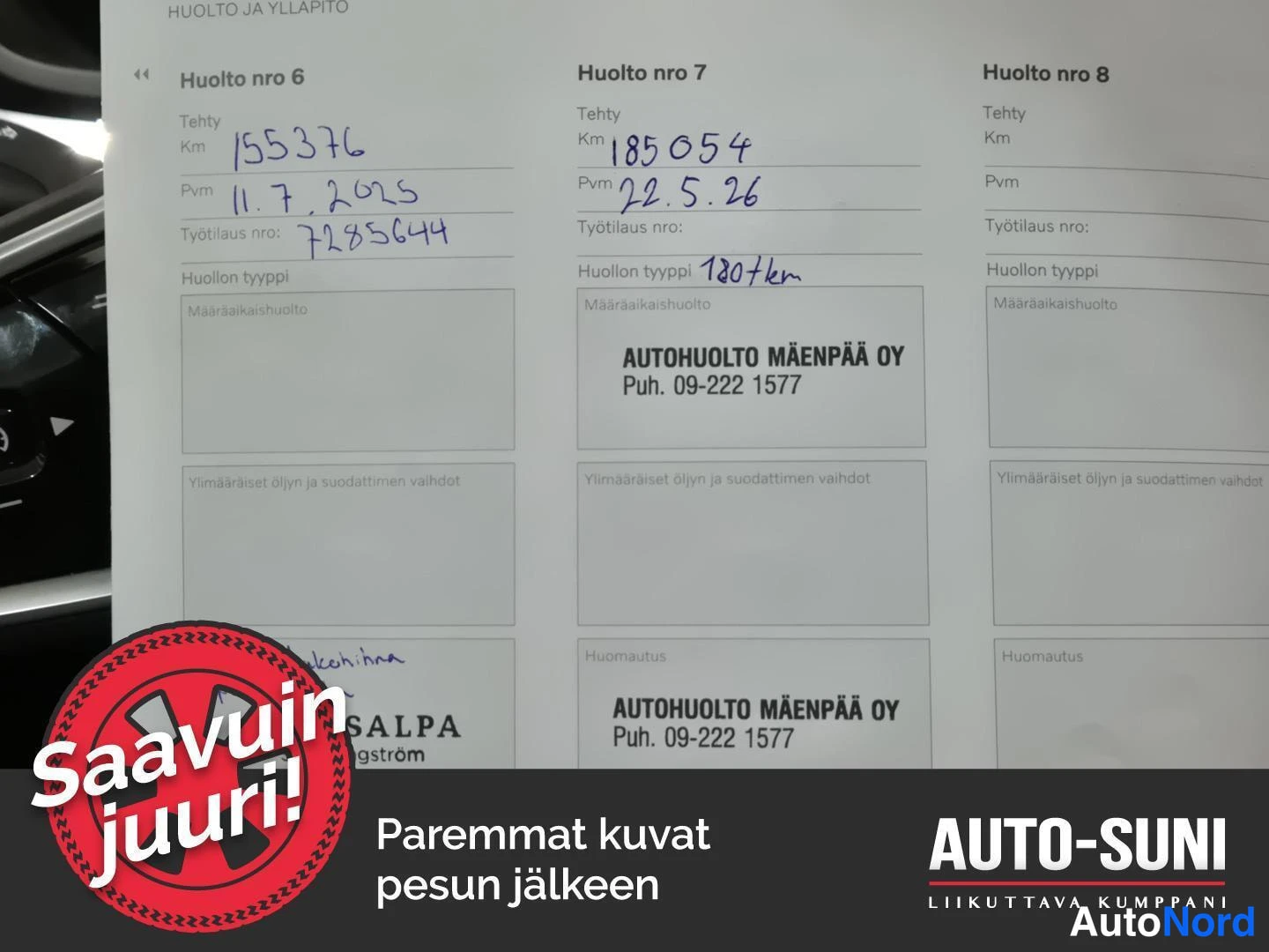 Muu: Huolto- ja ylläpitokirjan sivu: Huolto nro 6 tehty 155 376 km 11.7.2025 ja huolto nro 7 tehty 185 054 km 22.5.26, AUTOHUOLTO MÄENPÄÄ OY.