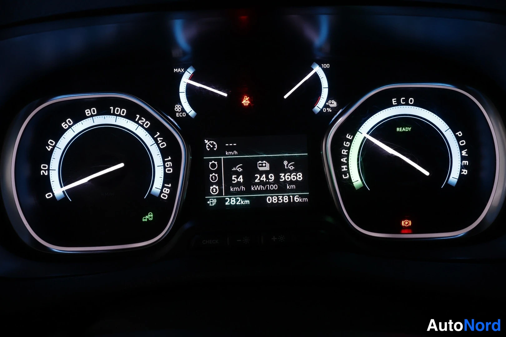 Muu: Instrumenttien näyttö, mittarit: nopeus 0-180 km/h ja tehon-/latausmittari; näytössä lukemat 282 km ja 083816 km.