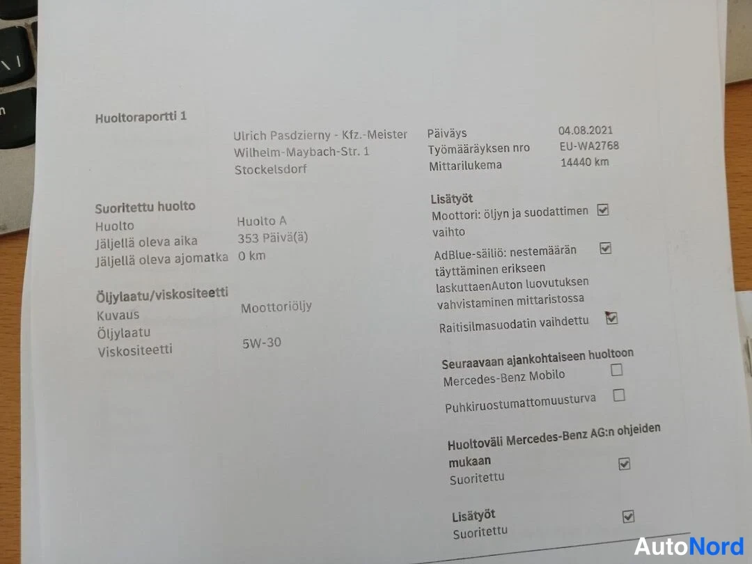 Muu: Huoltoraportti 1: huolto A suoritettu, päällys 04.08.2021, työmääräyksen nro EU-WA2768, mittarilukema 14440 km, öljy 5W-30, lisätyöt muun muassa öljyn ja suodat