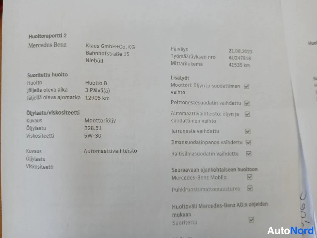 Muu: Mercedes-Benzin huoltoraportti 2, Huolto B, päiväys 21.08.2023, mittarilukema 41535 km, öljynlaatu 228.51, viskositeetti 5W-30.