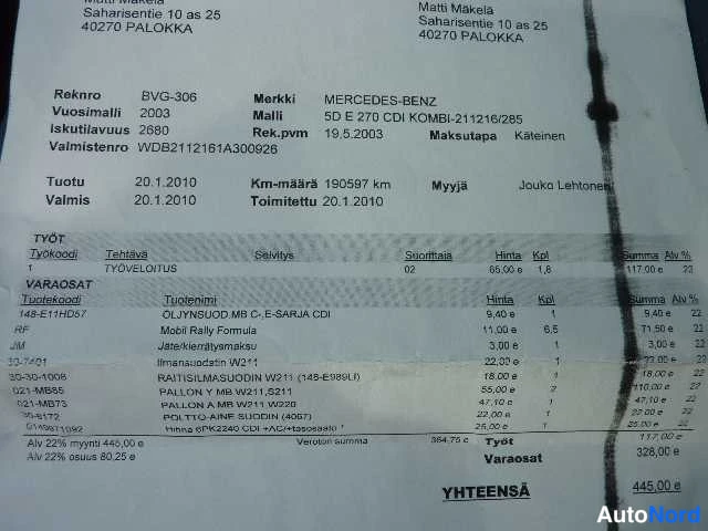 Sininen Mercedes-Benz E 270 CDI 2003, asiakirja, kuva 14