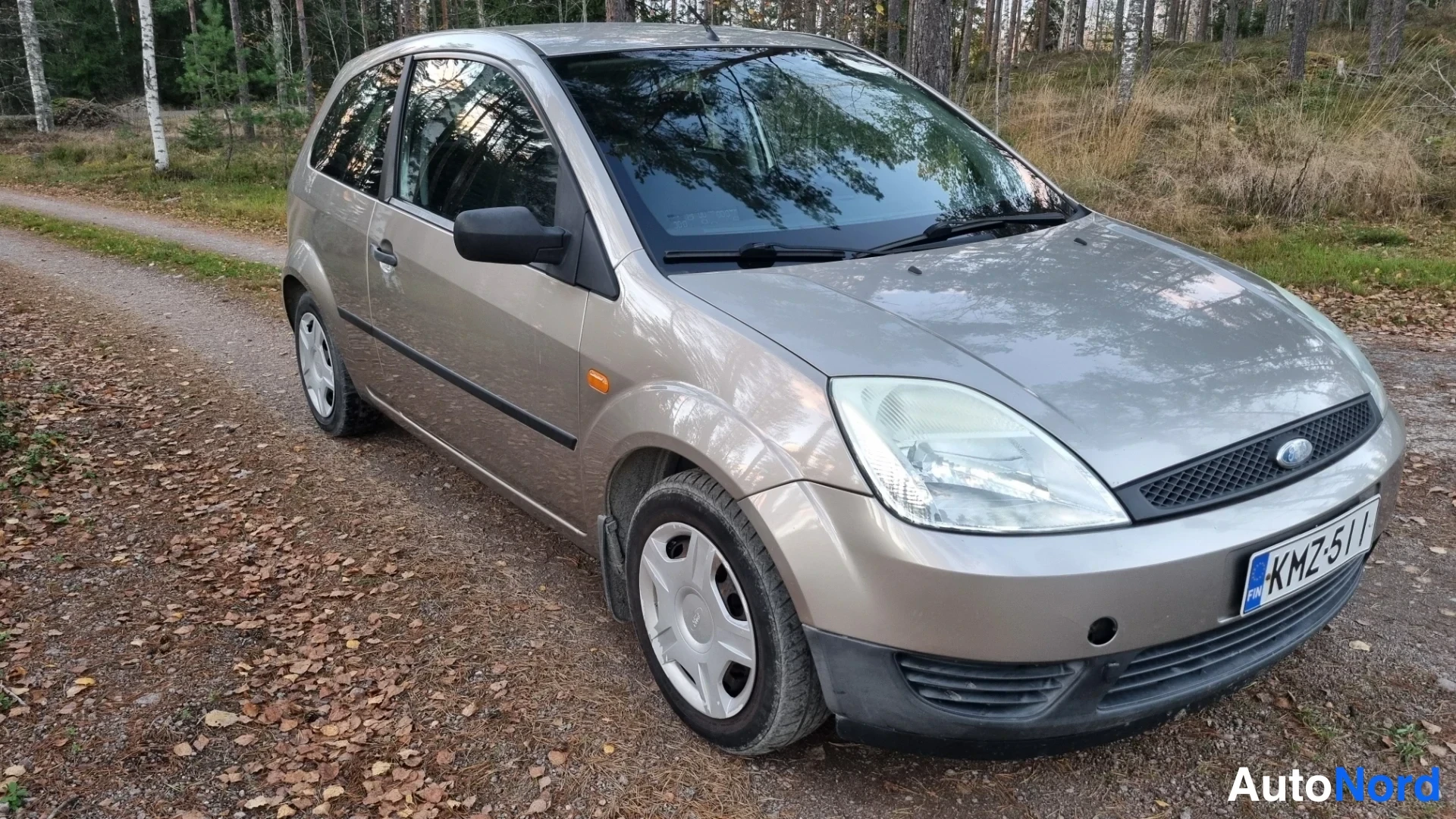 Harmaa Ford Fiesta 2004, etuviisto, keula oikealle, kuva 2