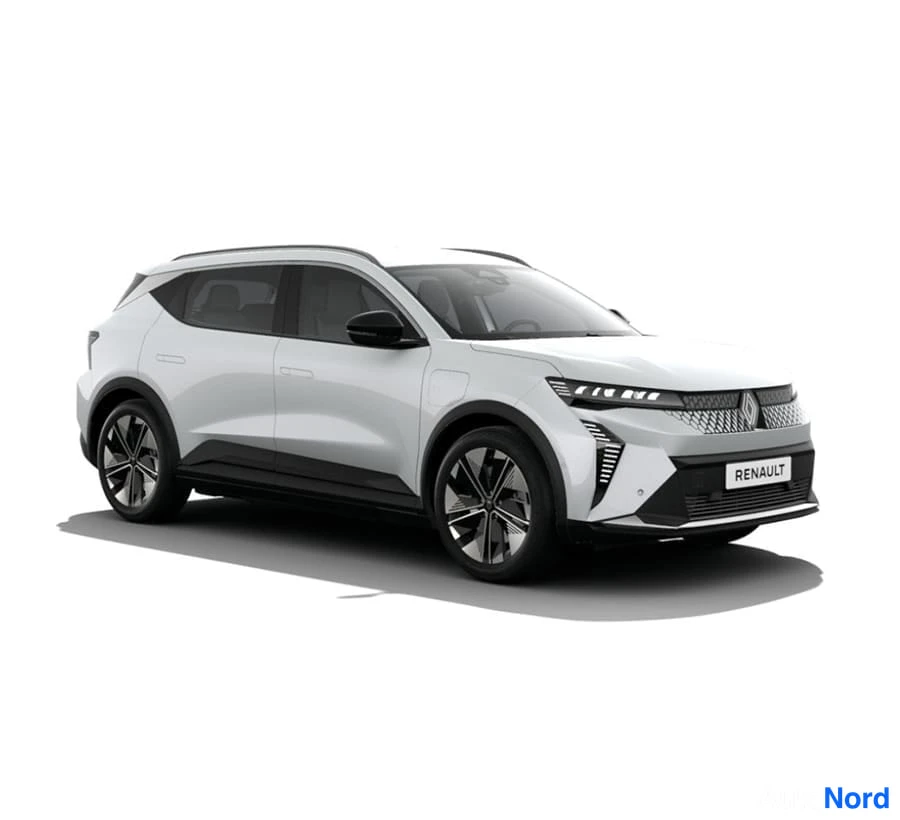 Valkoinen Renault Scenic E-Tech electric 2026, etuviisto, keula oikealle, kuva 4