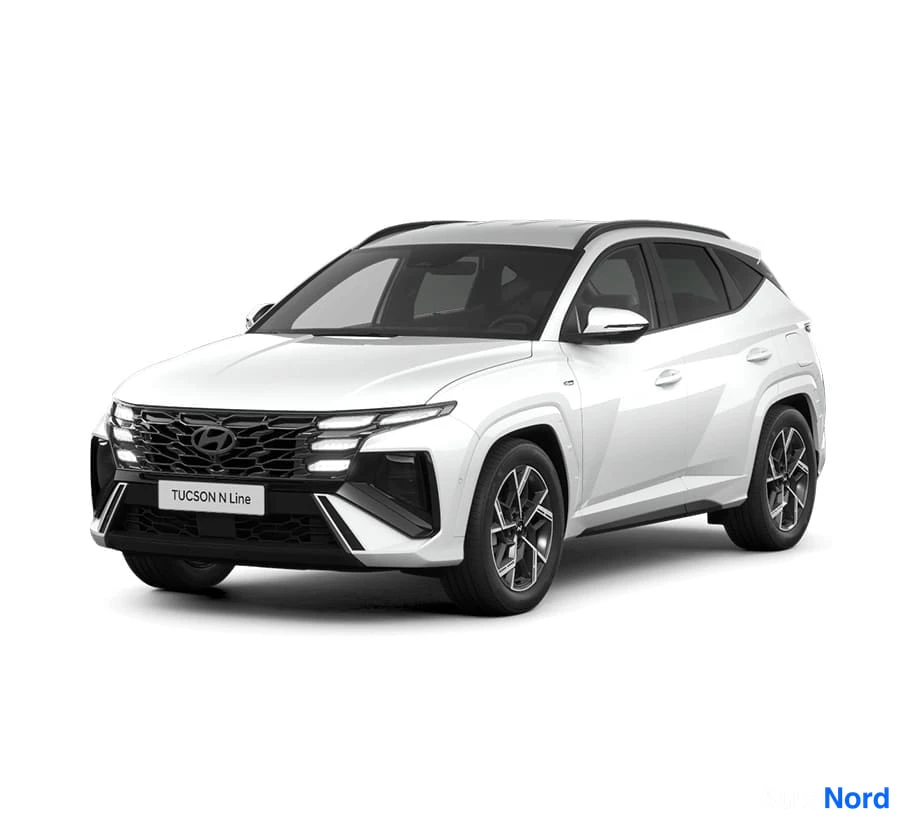 Valkoinen Hyundai Tucson 2026, etuviisto, keula vasemmalle, kuva 6