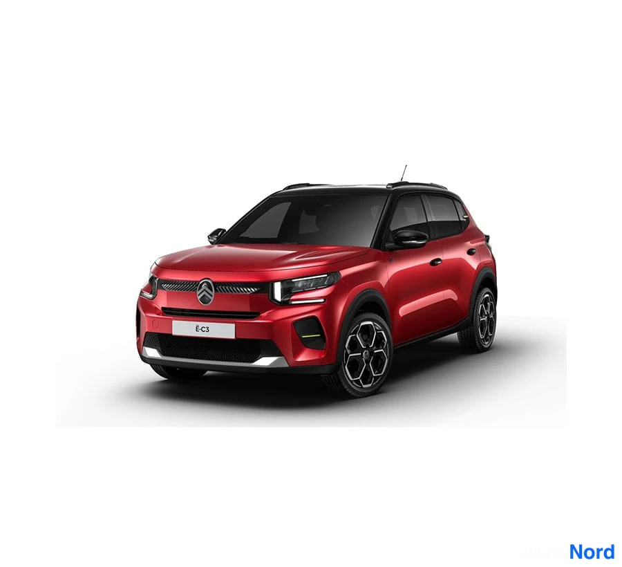 Harmaa Citroen e-C3 2026, etuviisto, keula vasemmalle, kuva 3