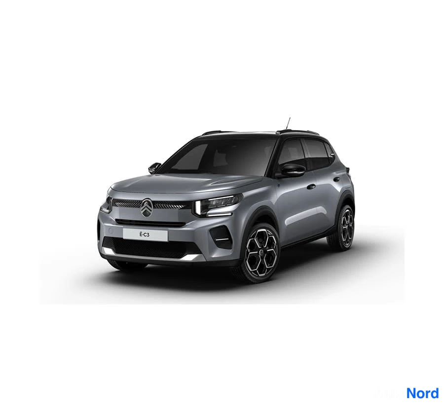 Harmaa Citroen e-C3 2026, etuviisto, keula vasemmalle, kuva 6