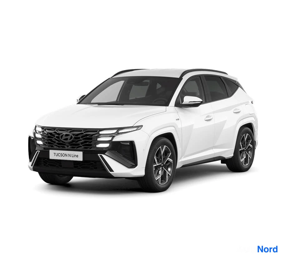 Valkoinen Hyundai Tucson 2026, etuviisto, keula vasemmalle, kuva 3