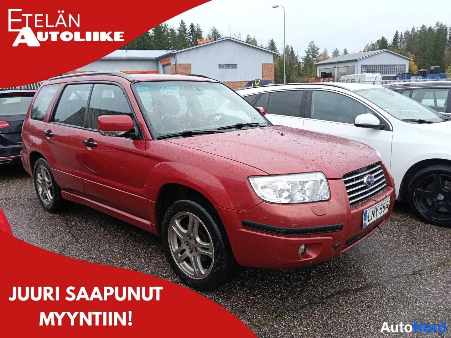 Punainen Subaru Forester 2005, etuviisto, keula oikealle, kuva 2