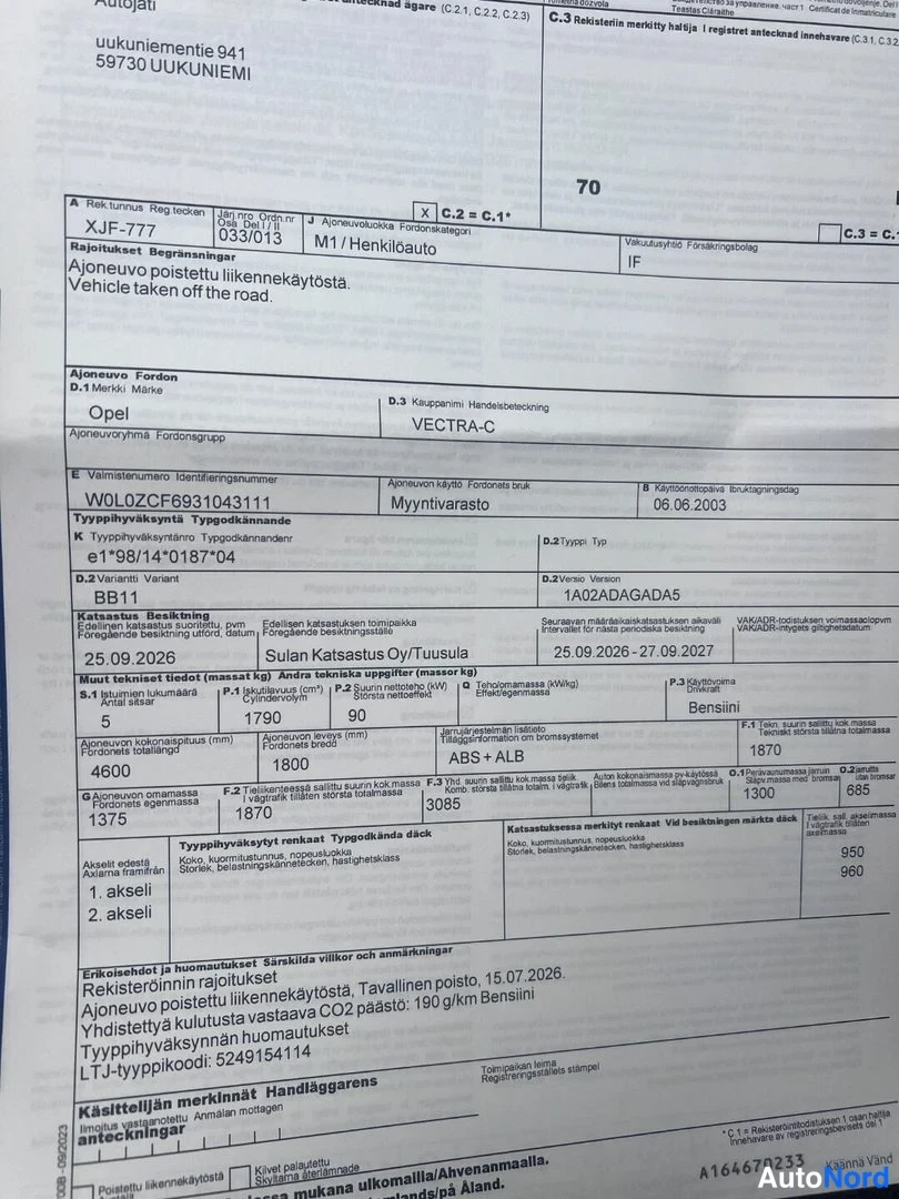 Silver Opel Vectra 2003, document, photo 13