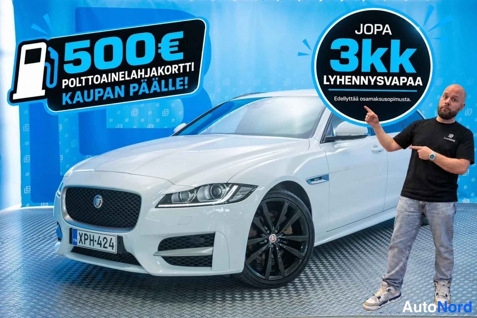 White Jaguar XF 2019, front three-quarter, nose to the left, photo 2