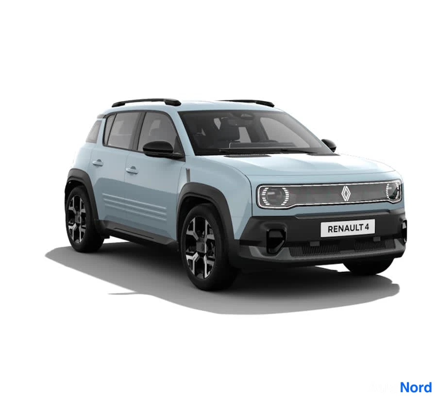 Renault 4 E-Tech electric 2026, snett framifrån, fronten åt höger, bild 2