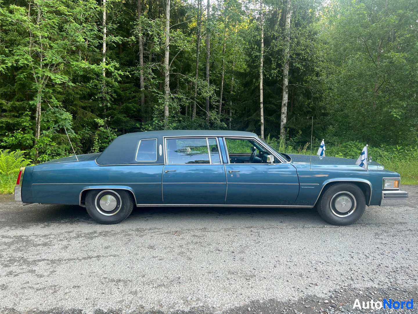 Blå Cadillac Fleetwood 1977, från sidan, bild 12