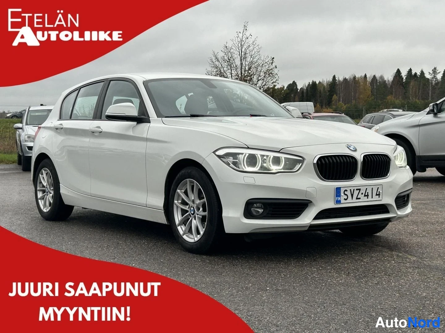 Valkoinen BMW 118i 2019, etuviisto, keula oikealle, kuva 2